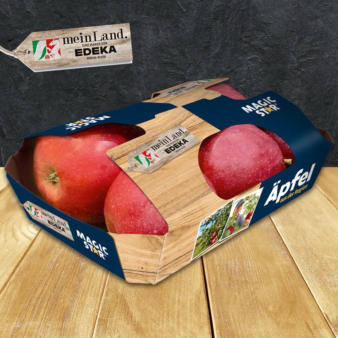 Pappschachtel mit sechs Äpfeln und dem Logo mein Land EDEKA.