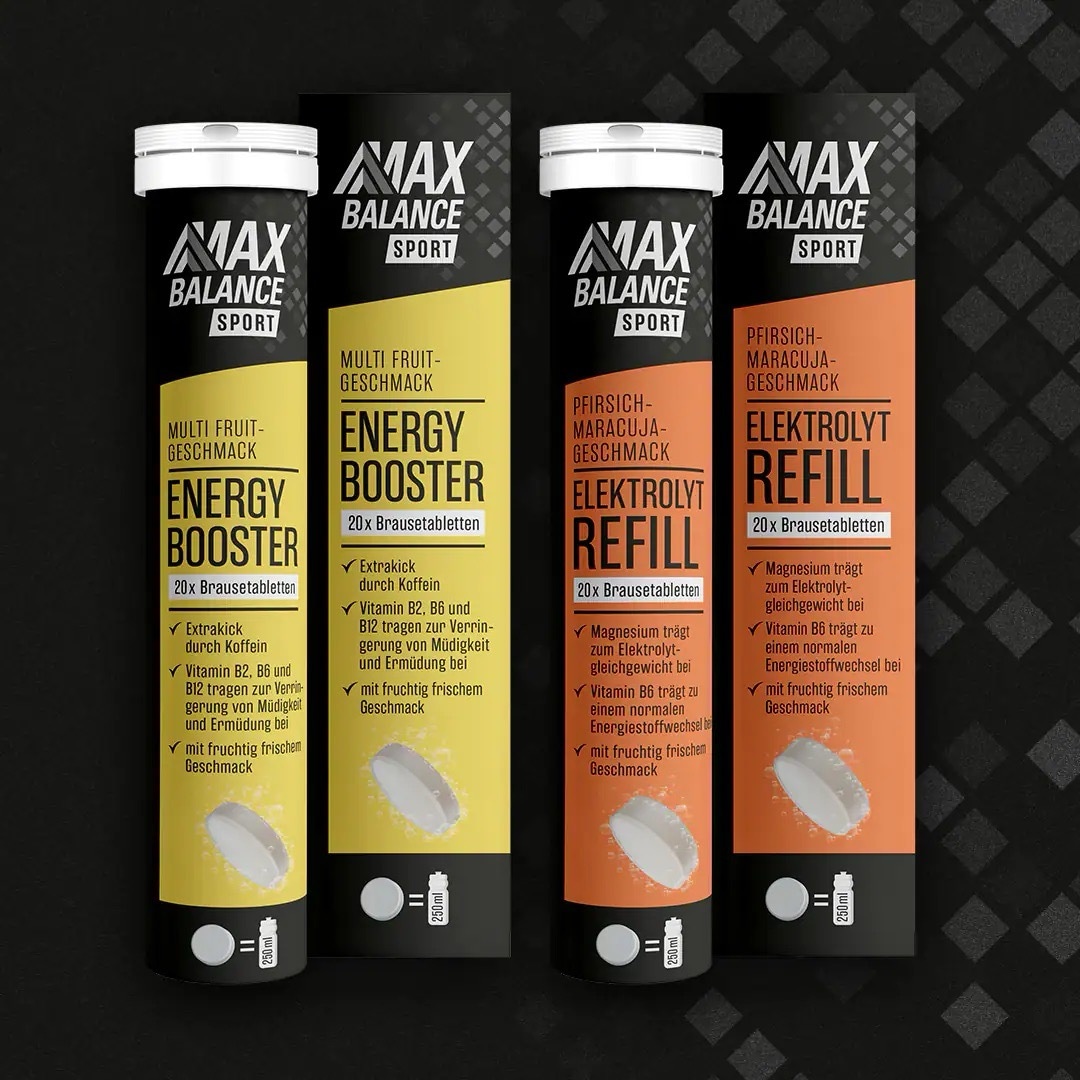 Energy Booster Tabletten mit Multi Fruitgeschmack von Max Balance Sport sowie Elektrolyt Refill Brausetabletten mit Pfirsich-Maracuja-Geschmack ebenfalls von Max Balance Sport.