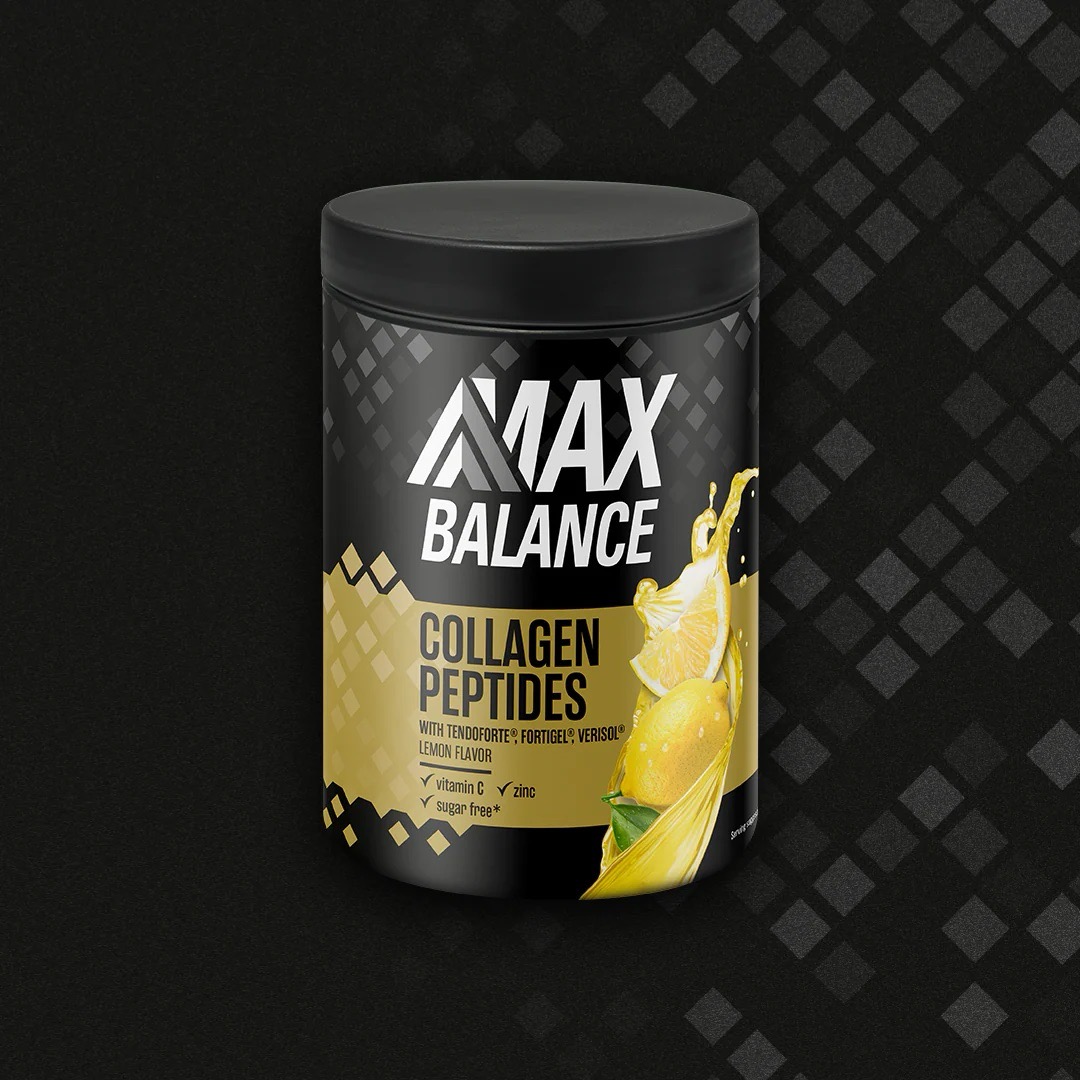 Eine Dose Collagen Peptides von Max Balance mit gelbem Etikett.