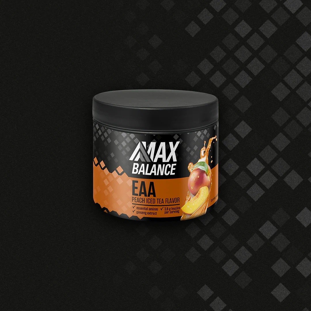 Eine Dose EAA Peach Iced Tea flavor von Max Balance mit orangenem Etikett.