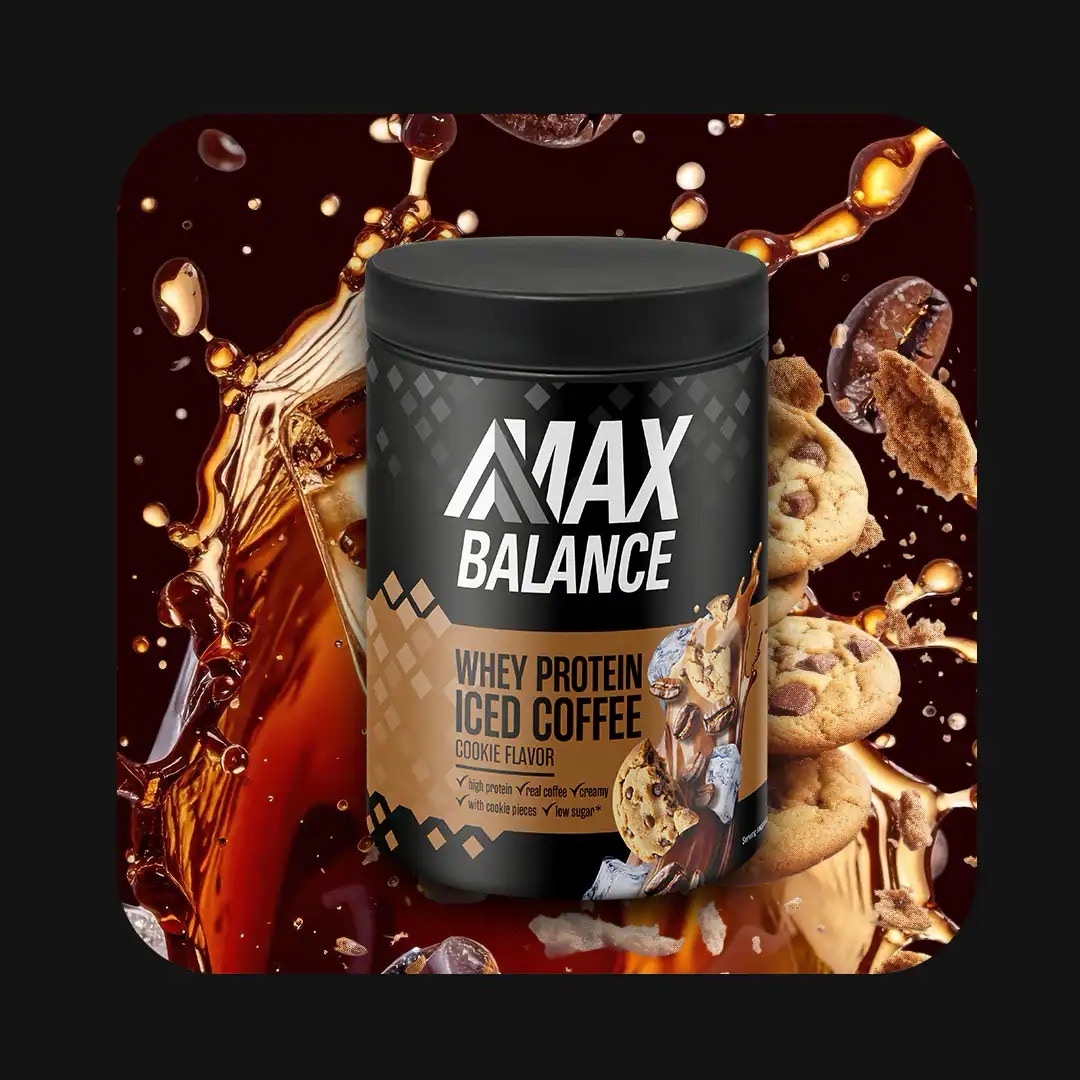 Eine Dose Whey Protein Iced Coffee Cookie Flavor von Max Balance mit braunem Etikett.