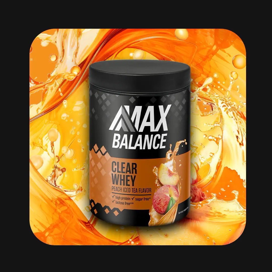 Eine Dose Clear Whey Peach Iced Tea Flavor von Max Balance mit orangenem Etikett.