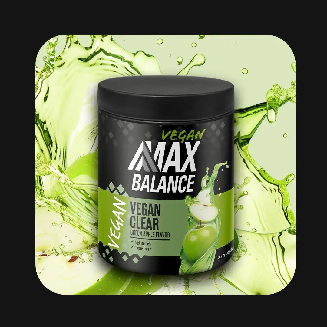 Eine Dose Vegan Clear Green Apple Flavor von Max Balance mit grünem Etikett.