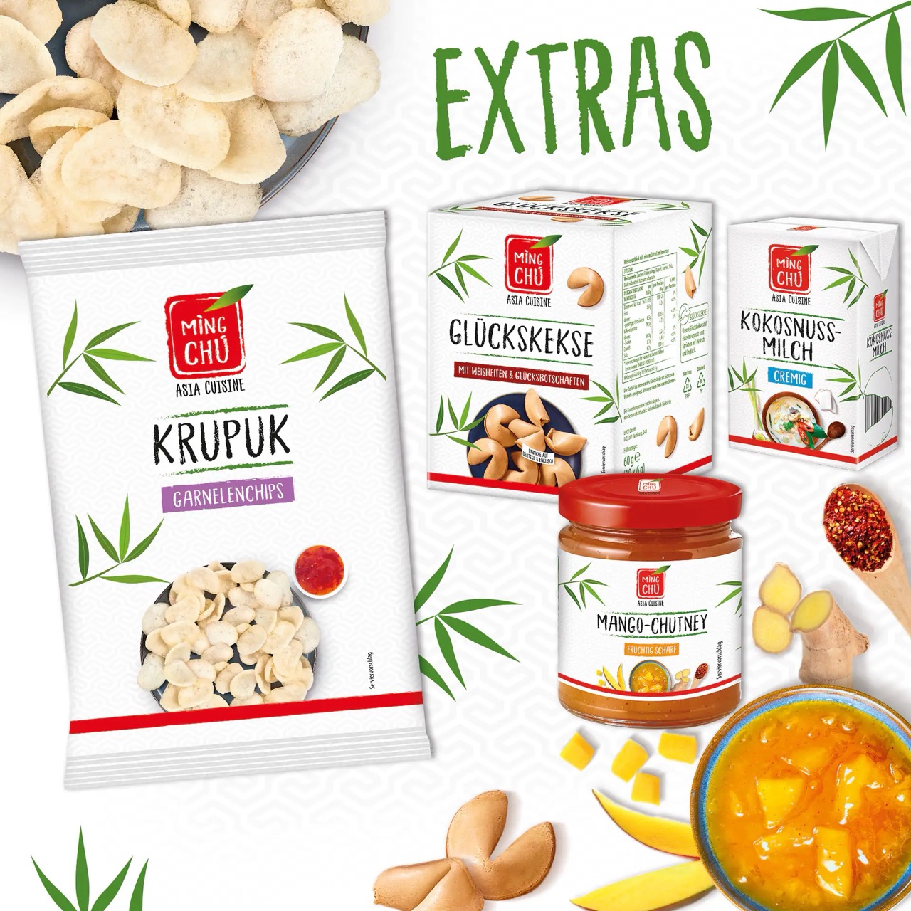 Extra-Produkter der Ming-Chu-Linie: Krupuk Garnelenchips, Glückskekse, Kokosnussmilch und Mango-Chutney.