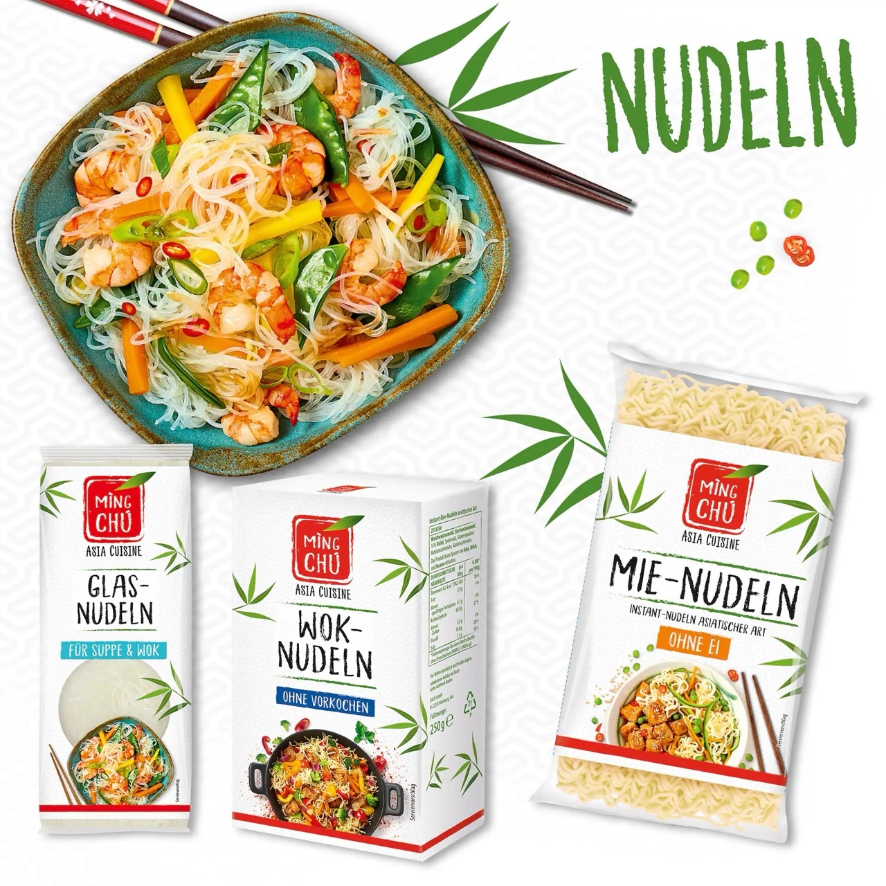 Drei Sorten Nudeln von Ming-Chu: Glas-Nudeln, Wok-Nudeln und Mie-Nudeln.