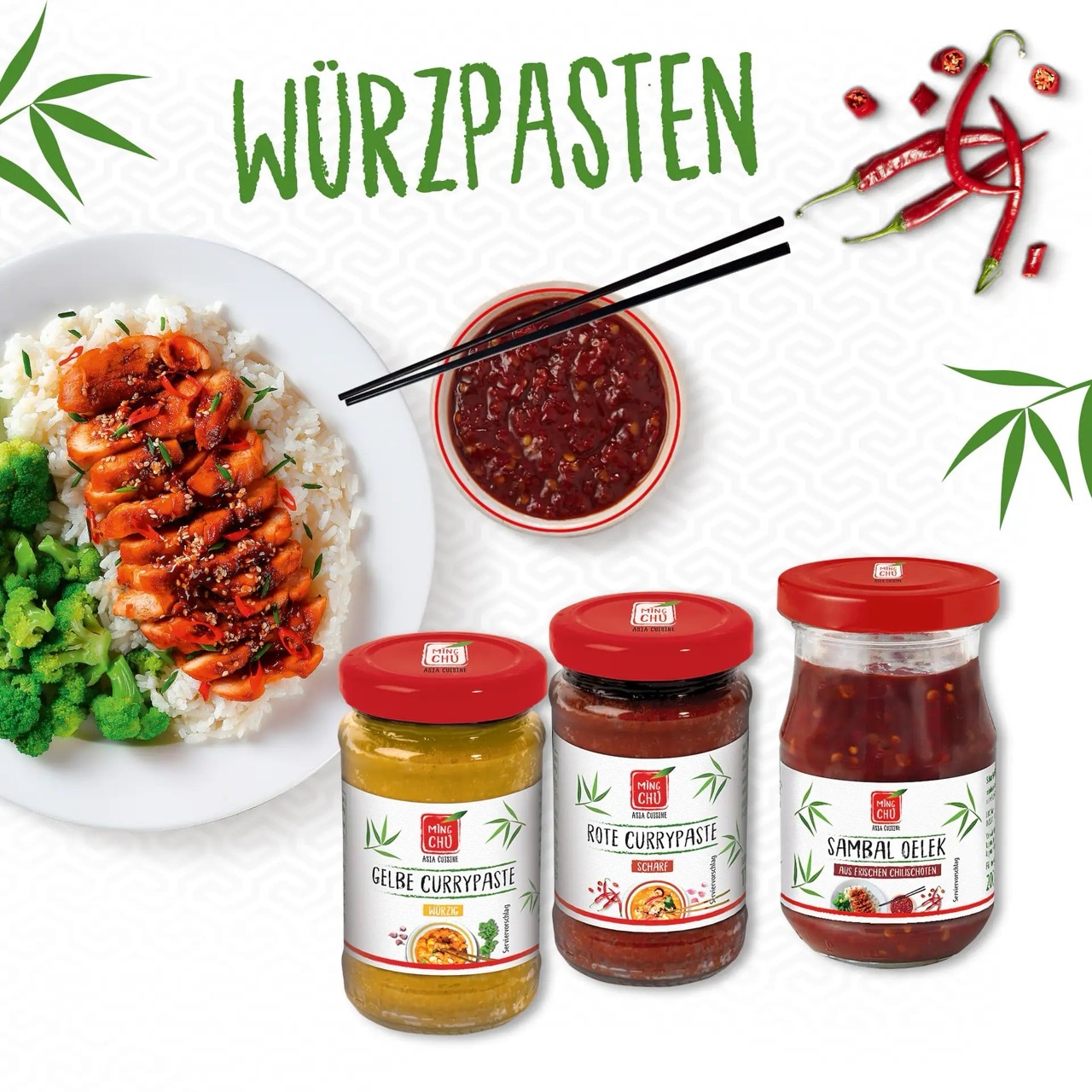 Drei Sorten Würzpaste von Ming-Chu: Gelbe Currypaste, rote Currypaste und Sambal Oelek.