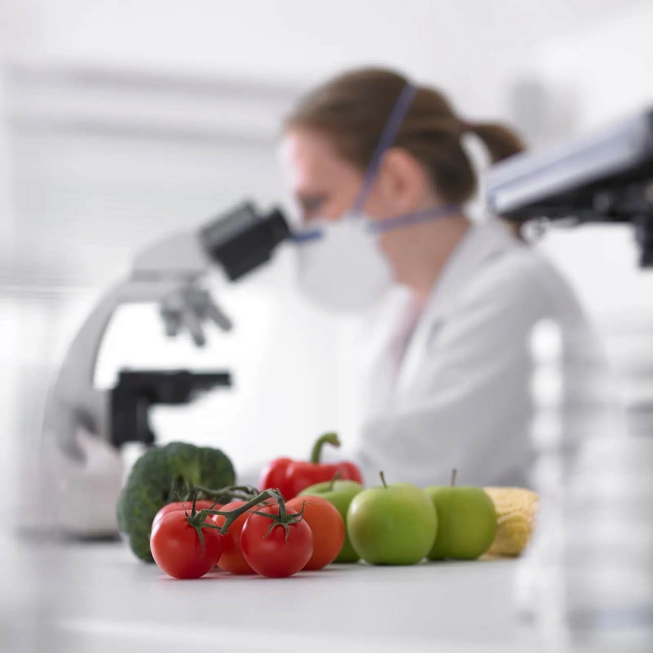 Auf einem Tisch liegen Tomaten, Äpfel, Broccoli und Paprika. Im unscharfen Hintergrund sitzt eine Person mit Mundschutz und weißer Kleidung. Sie schaut in ein Mikroskop.