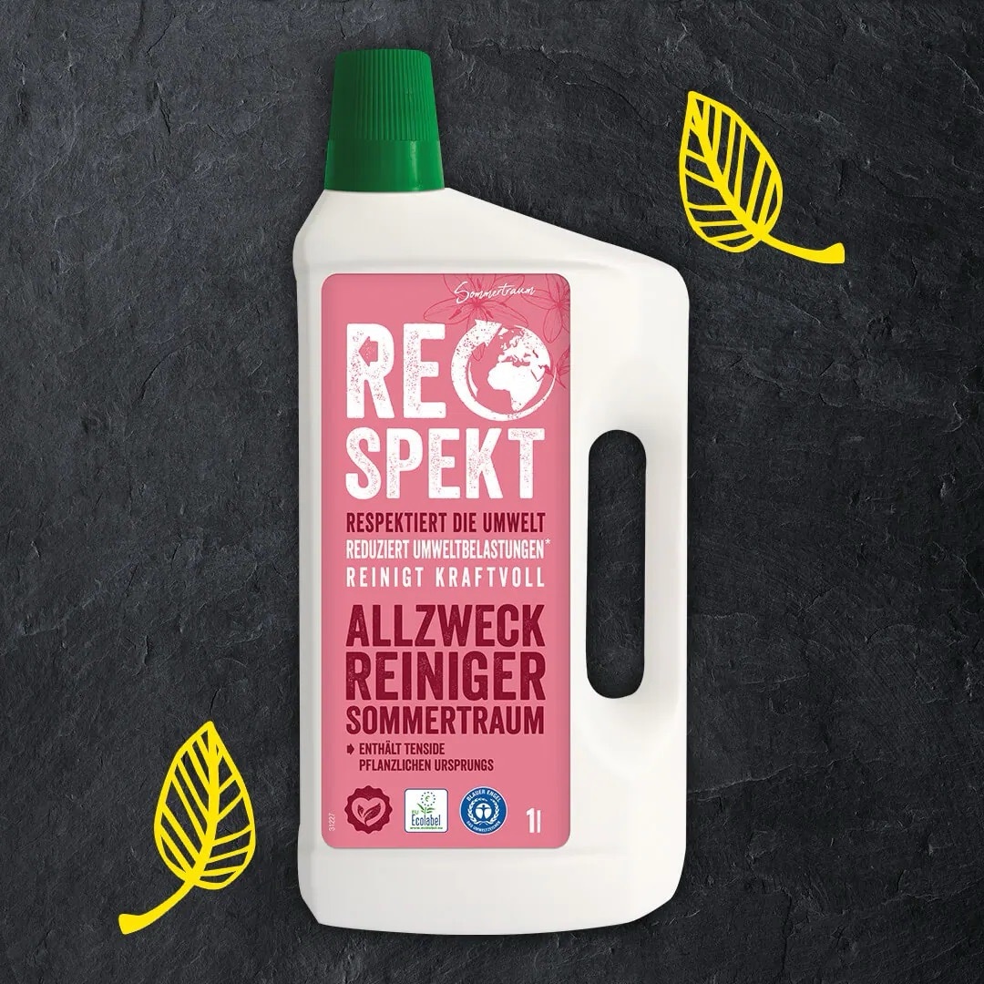 Weiße Flasche Respekt Allzweck Reiniger Sommertraum mit rosa Etikett.