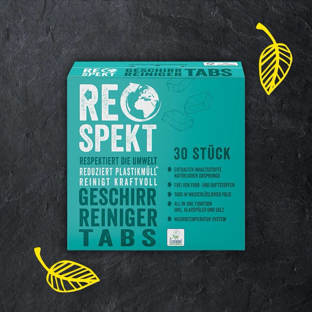 Türkise Packung Respekt Geschirr-Reiniger-Tabs, 30 Stück.
