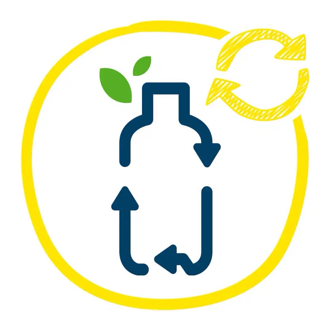 Siegel für Recycling mit einer Flasche aus Pfeilen.