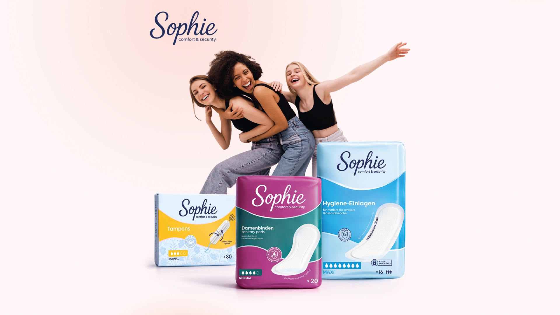Sophie Damenhygiene-Produkte mit Tampons, Binden und Slipeinlagen vor hellem Hintergrund.