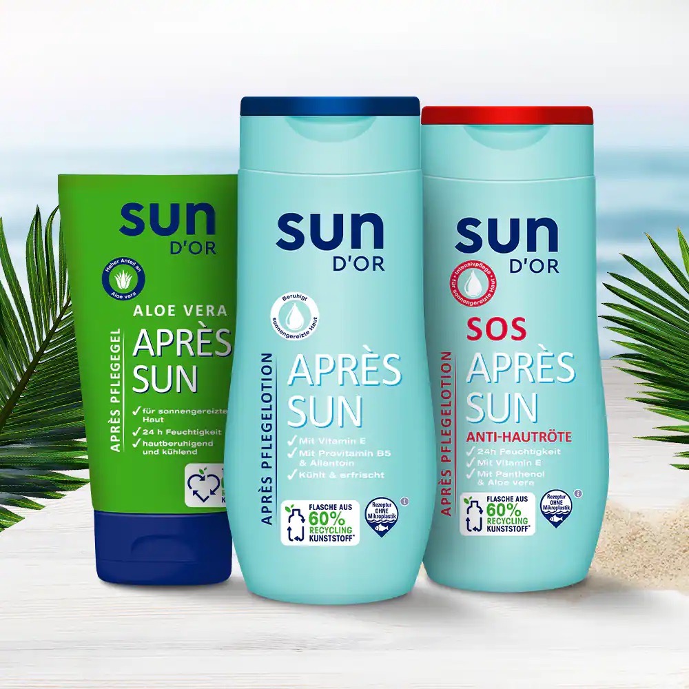 Drei Sorten Après Sun von Sun D´Or: Aloe Vera, normal und SOS Anti-Hautröte.