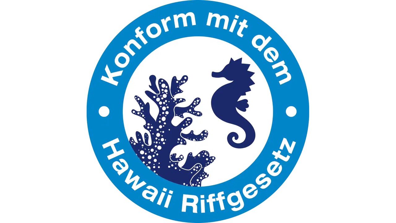 Siegel: Konform mit dem Hawaii Riffgesetz. Blauer Ring mit Seepferdchen.