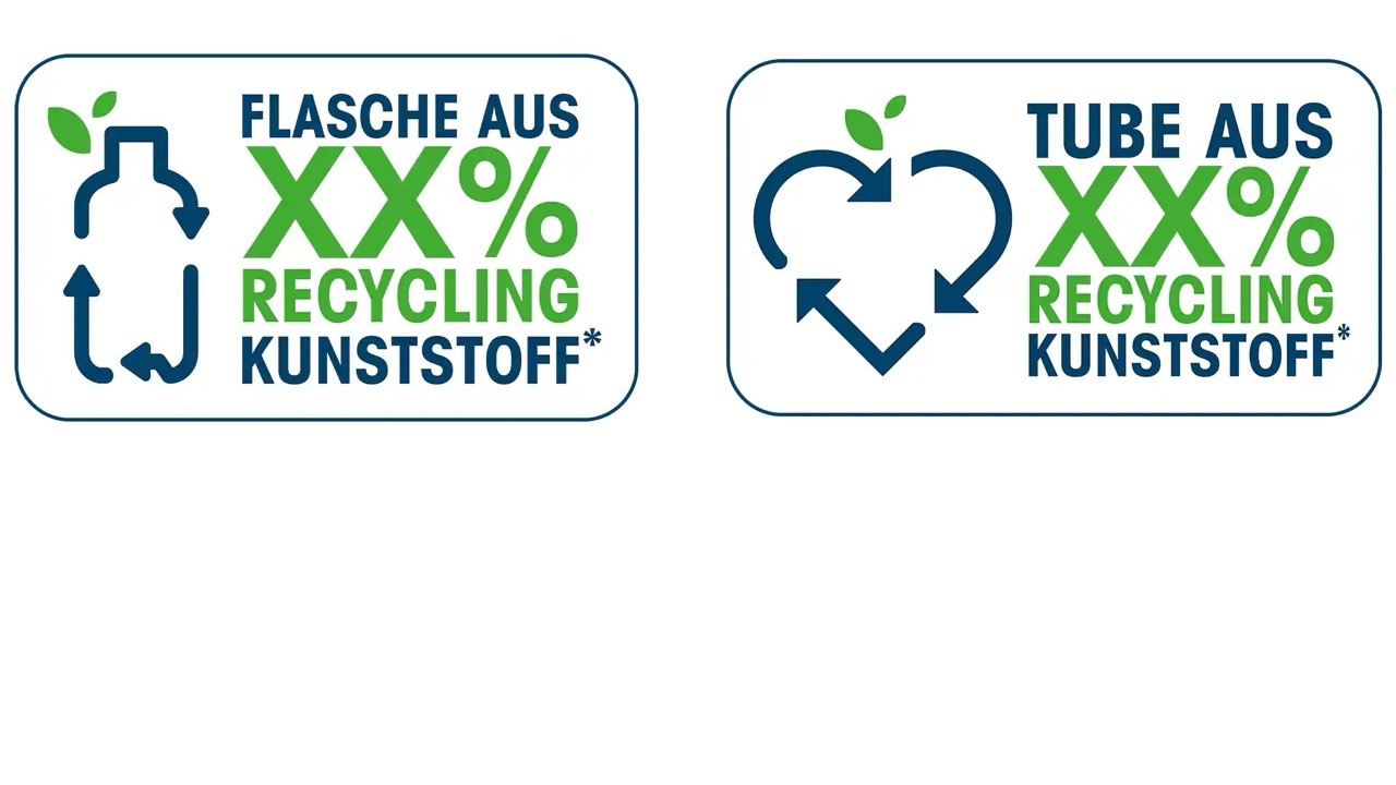 Siegel: Flasche aus XX Prozent Recycling Kunststoff. Tube aus XX Prozent Recycling Kunststoff.