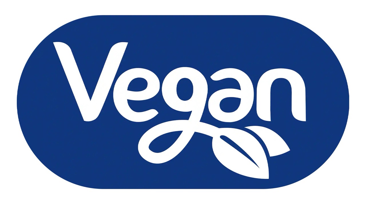 Siegel: Vegan. Weiße Schrift auf blauem Hintergrund.