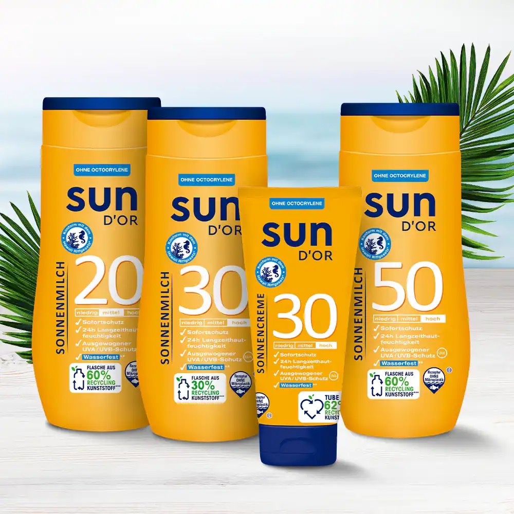 Sonnenmilch und Sonnencreme von SUN D´Or mit verschiedenen Schutzfaktoren: 20, 30 und 50.