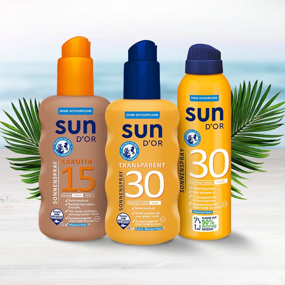 Drei Sorten Sonnenspray von Sun D´Or: Carotin 15, Transparent 30 und Sonnenspray 30.