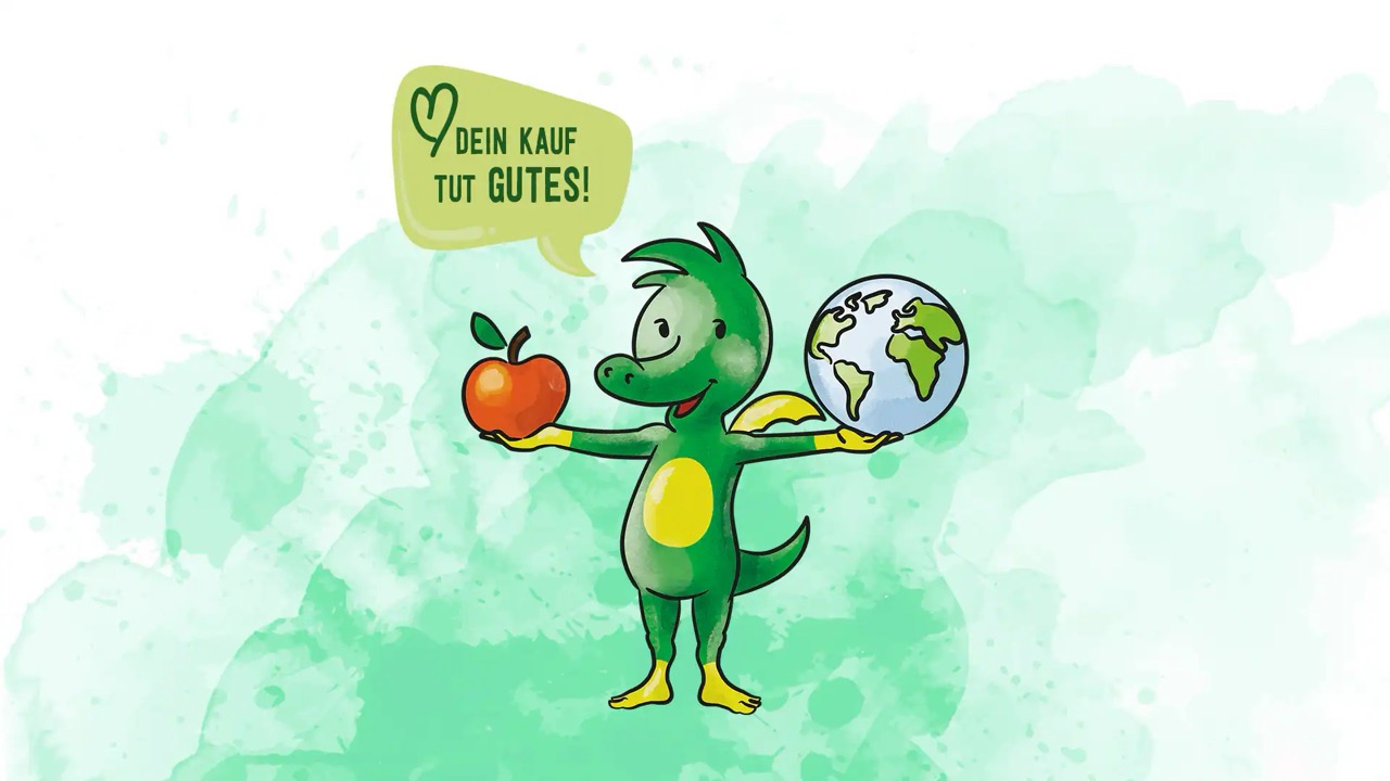 Grüner Cartoon-Drache mit ausgestreckten Armen. In der einen Hand hält er einen Apfel, in der anderen eine Weltkugel. Text in Sprechblase: Dein Kauf tut Gutes.