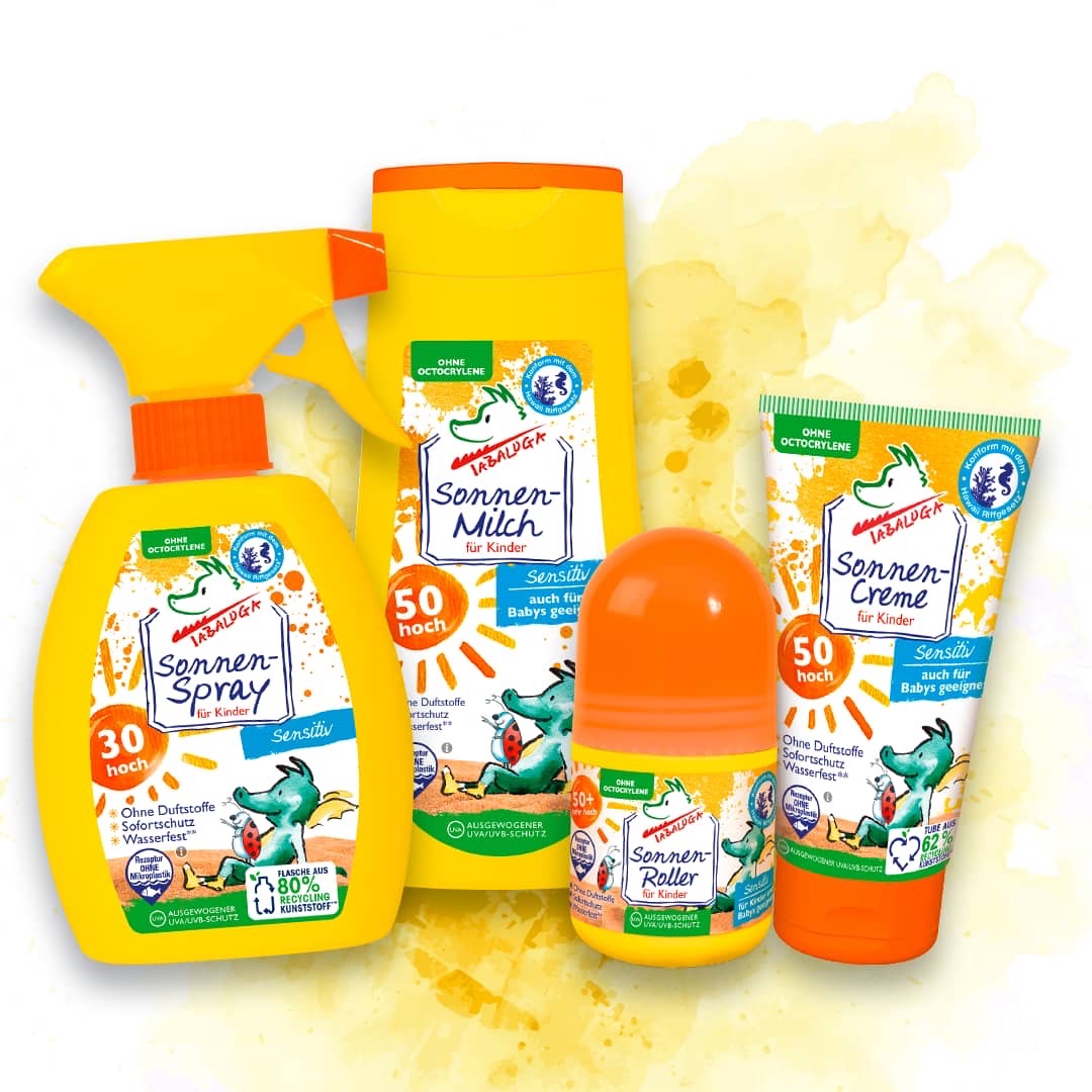 Tabaluga Sonnenschutz Sortiment: Sonnenspray 30, Sonnenmilch 50, Sonnenroller 50 plus sowie Sonnencreme 50.