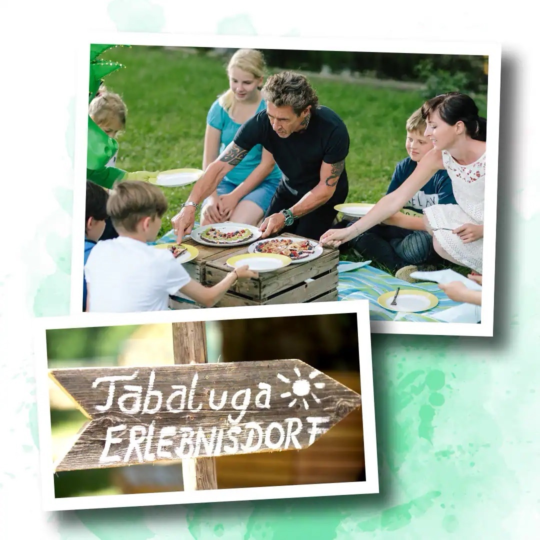 Der Musiker Peter Maffay schneidet im Tabaluga Erlebnisdorf Kuchen an und verteilt Stücke an wartende Kinder und junge Erwachsene.
