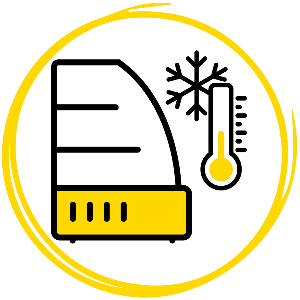 Eine Grafik von einem Kühlregal, daneben ein Thermometer