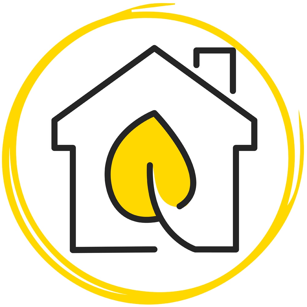 Eine Grafik mit einem Haus und darin ein Blatt als Nachhaltigkeitssymbol