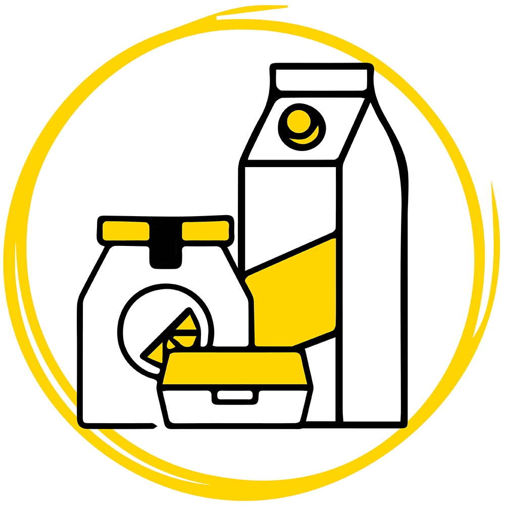 Eine Grafik mit einem Getränkekarton, einem Einmachglas und einer Verpackungsdose