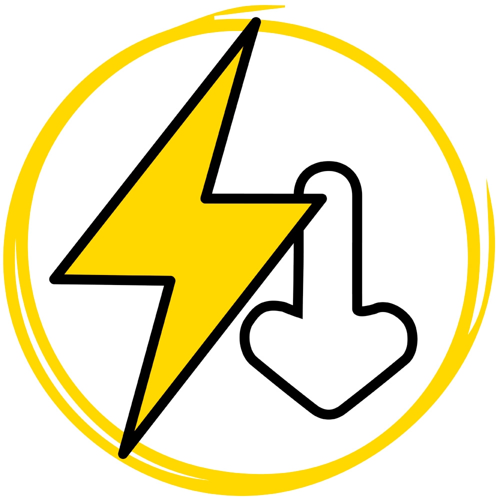 Eine Grafik mit einem Stromblitz und einem Pfeil nach unten