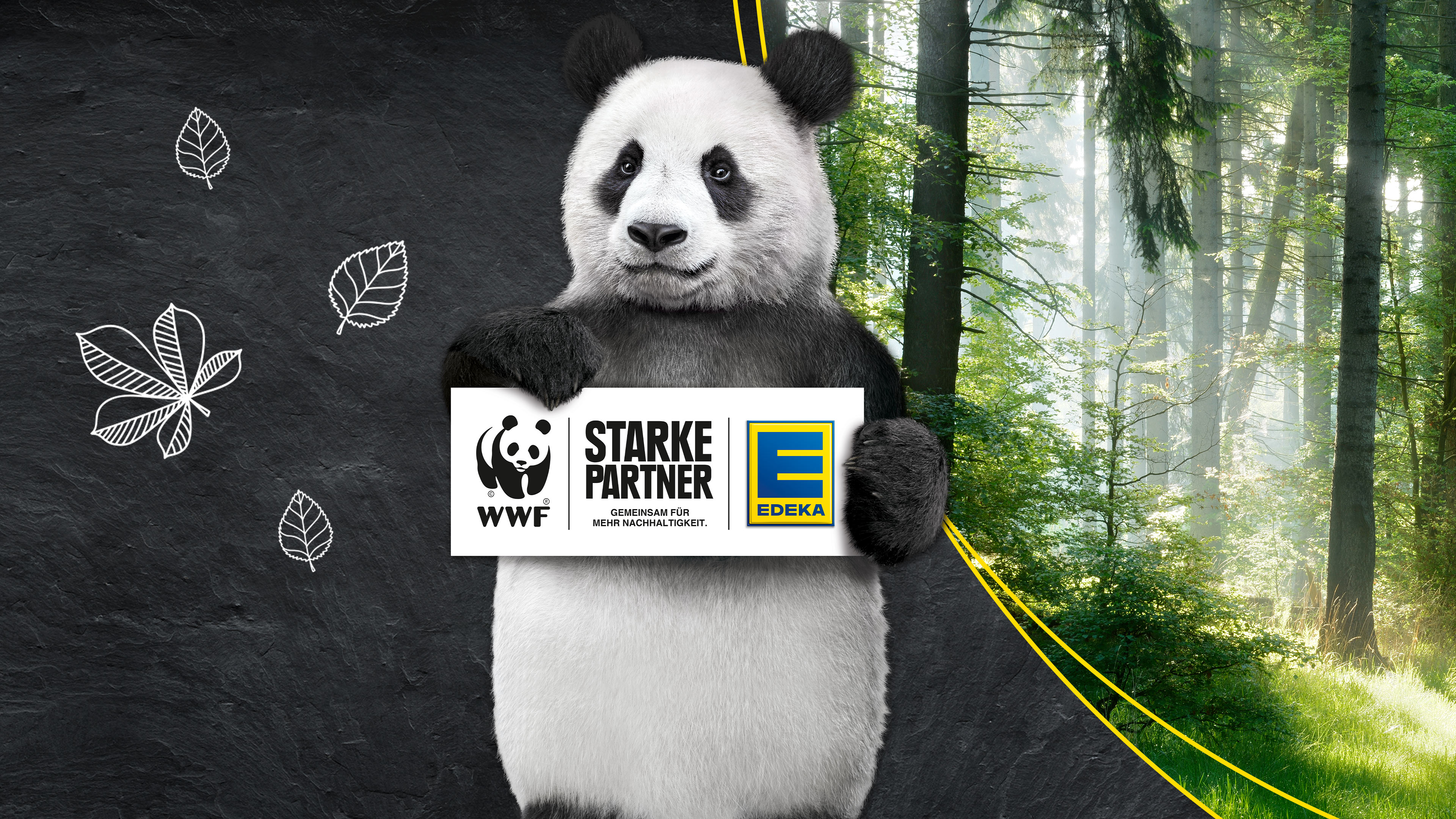 Ein Schild mit dem Logo vom WWF & von EDEKA, ebenso wie "Starke Partner - Gemeinsam für mehr Nachhaltigkeit", dahinter ein Panda.