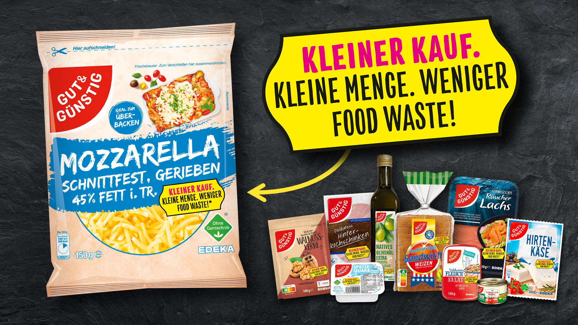 Mehrere Gut&Günstig Produkte, die es in kleinerer Verpackung gibt, um Food Waste zu reduzieren