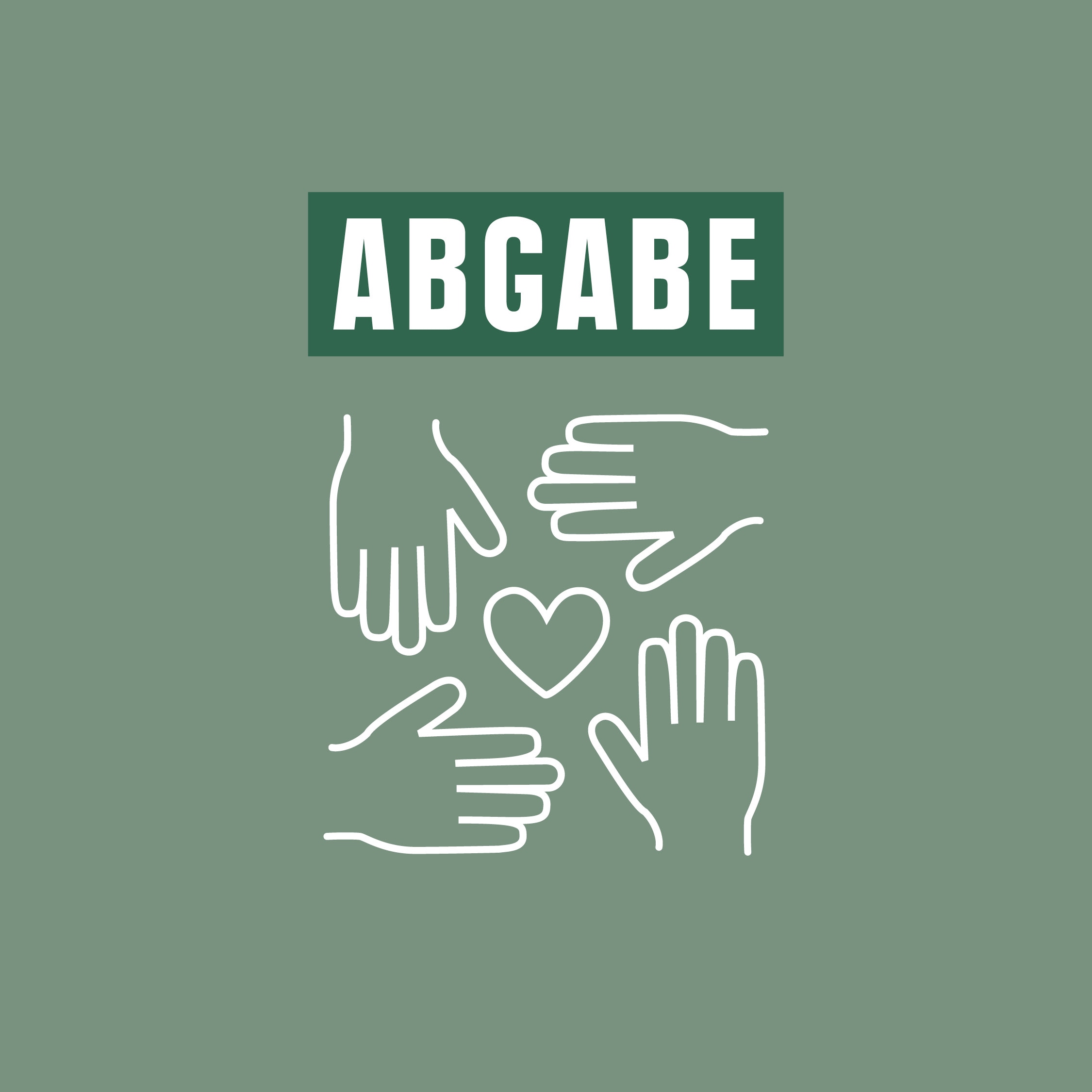 Eine Infographik mit dem Wort Abgabe, darunter vier Hände und einem Herz in der Mitte