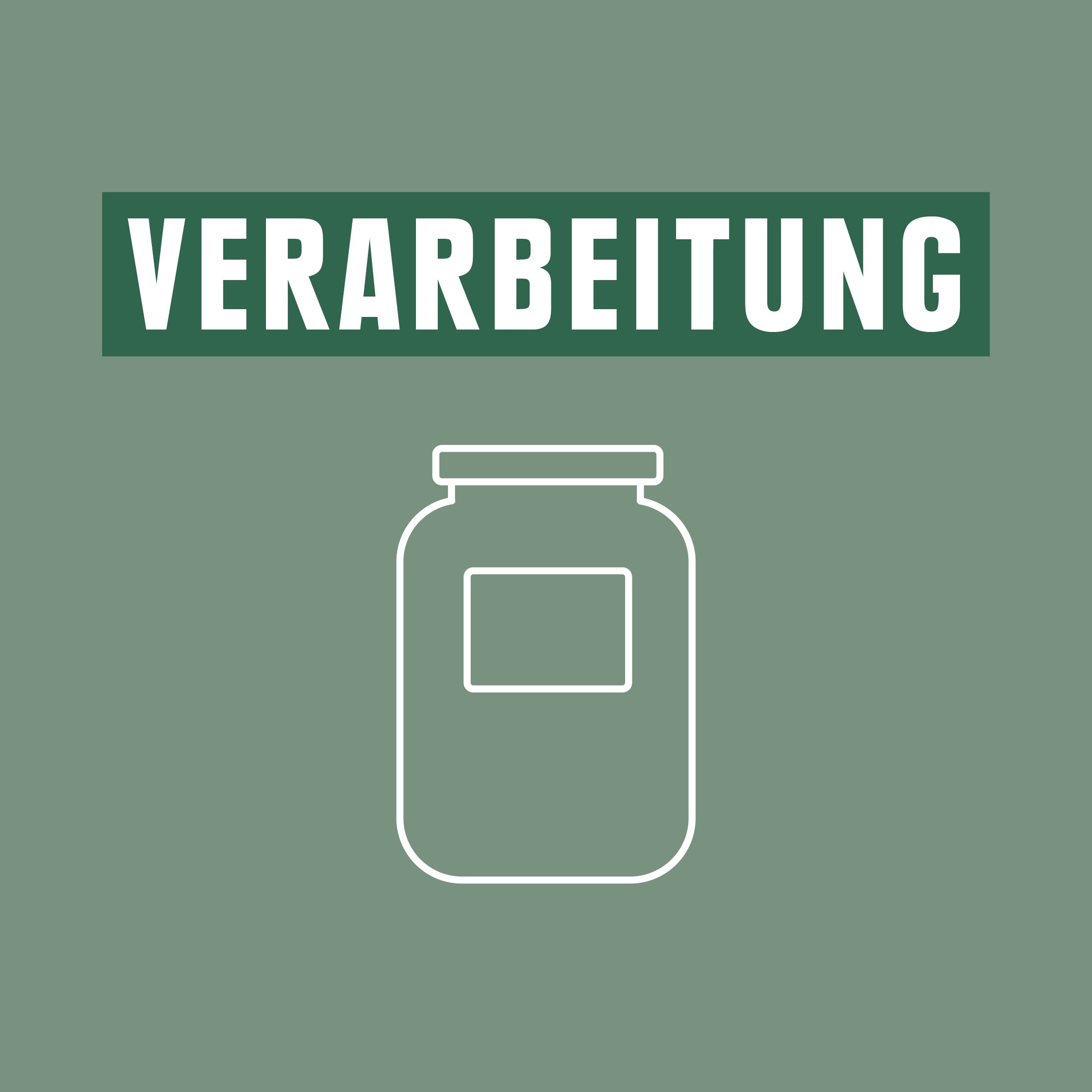 Eine Infographik mit dem Wort Verarbeitung, darunter eine Abbildung eines Behälters