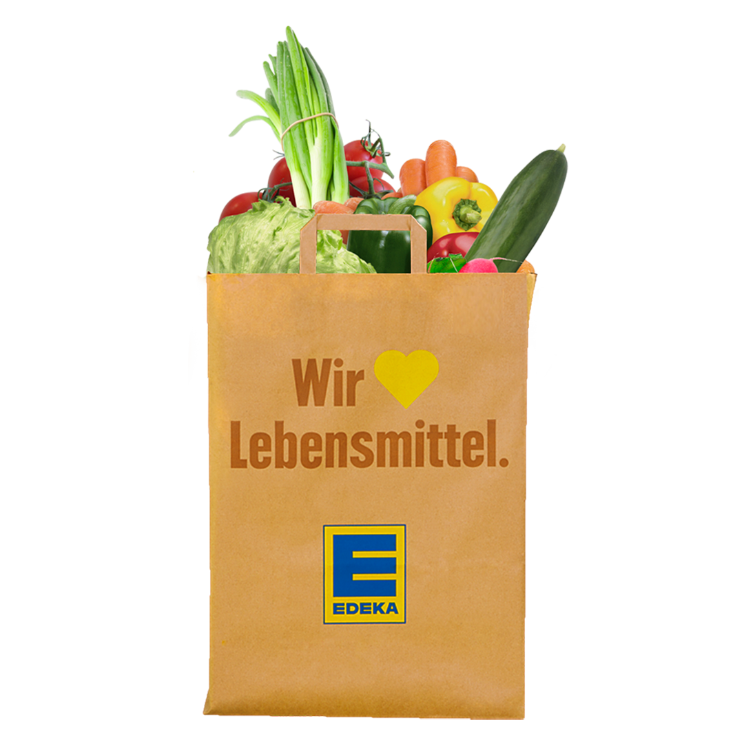 Eine Abbildung einer EDEKA Papiertüte, die voll mit Obst und Gemüse ist