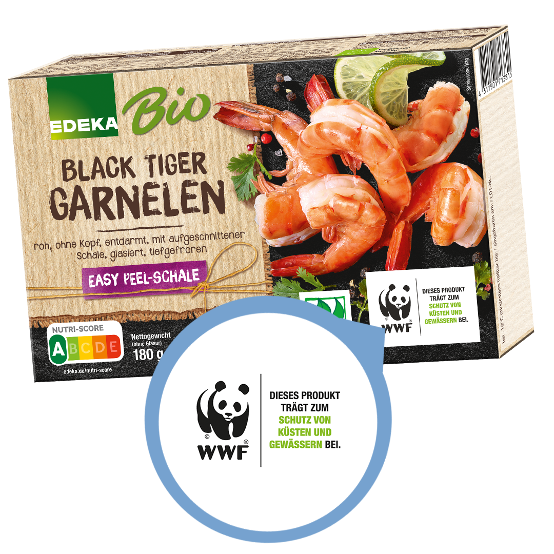 Das EDEKA Bio Produkt Black Tiger Garnelen mit Fokus auf das WWF Logo