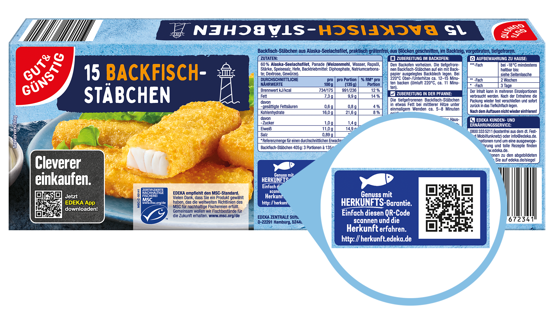 Das Gut&Günstig Produkt 15 Backfischstäbchen mit Fokus auf den Herkunfts-QR-Code