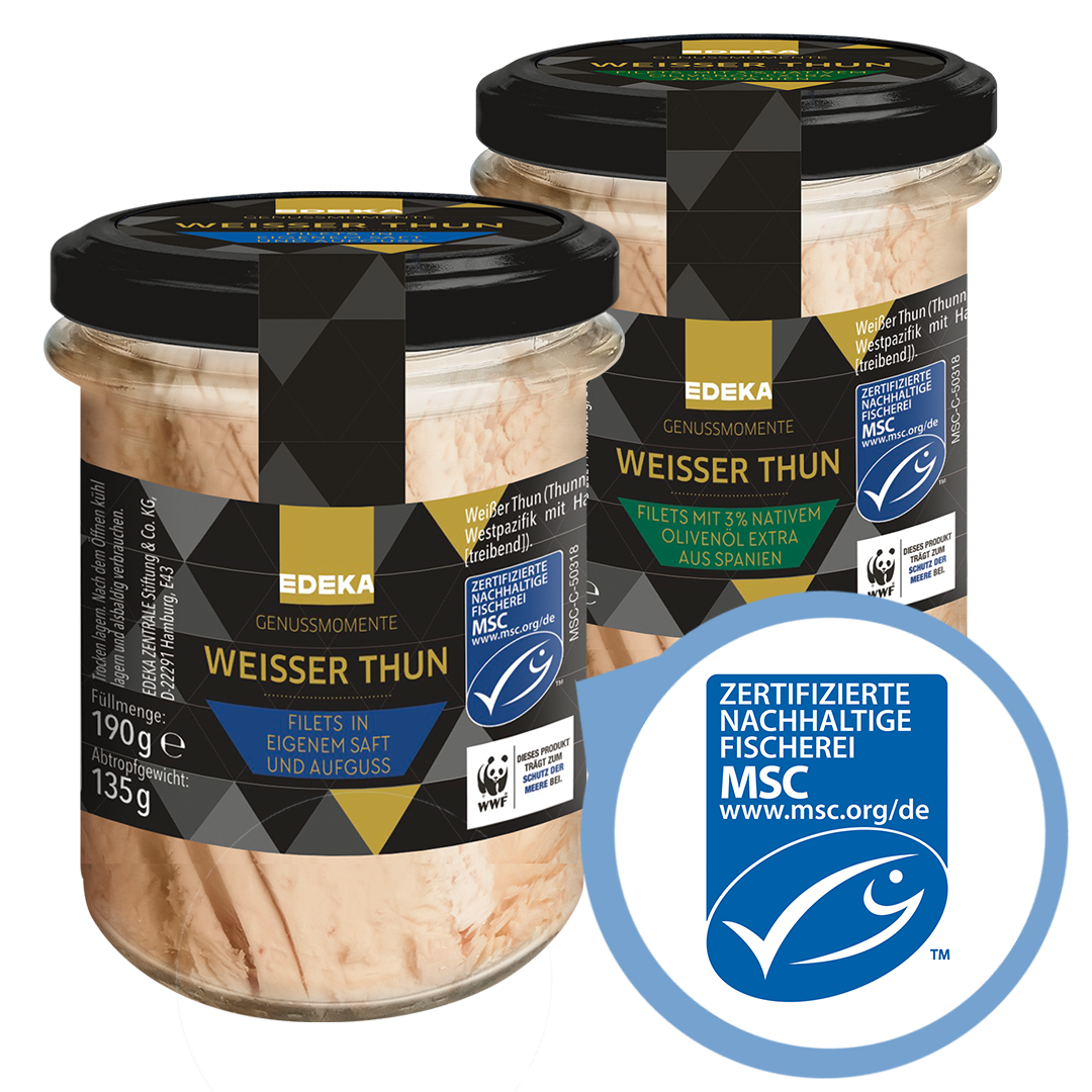 Zwei EDEKA Produkte Weisser Thun im Glas mit Fokus auf das Logo der zertifizierten nachhaltigen Fischerei MSC