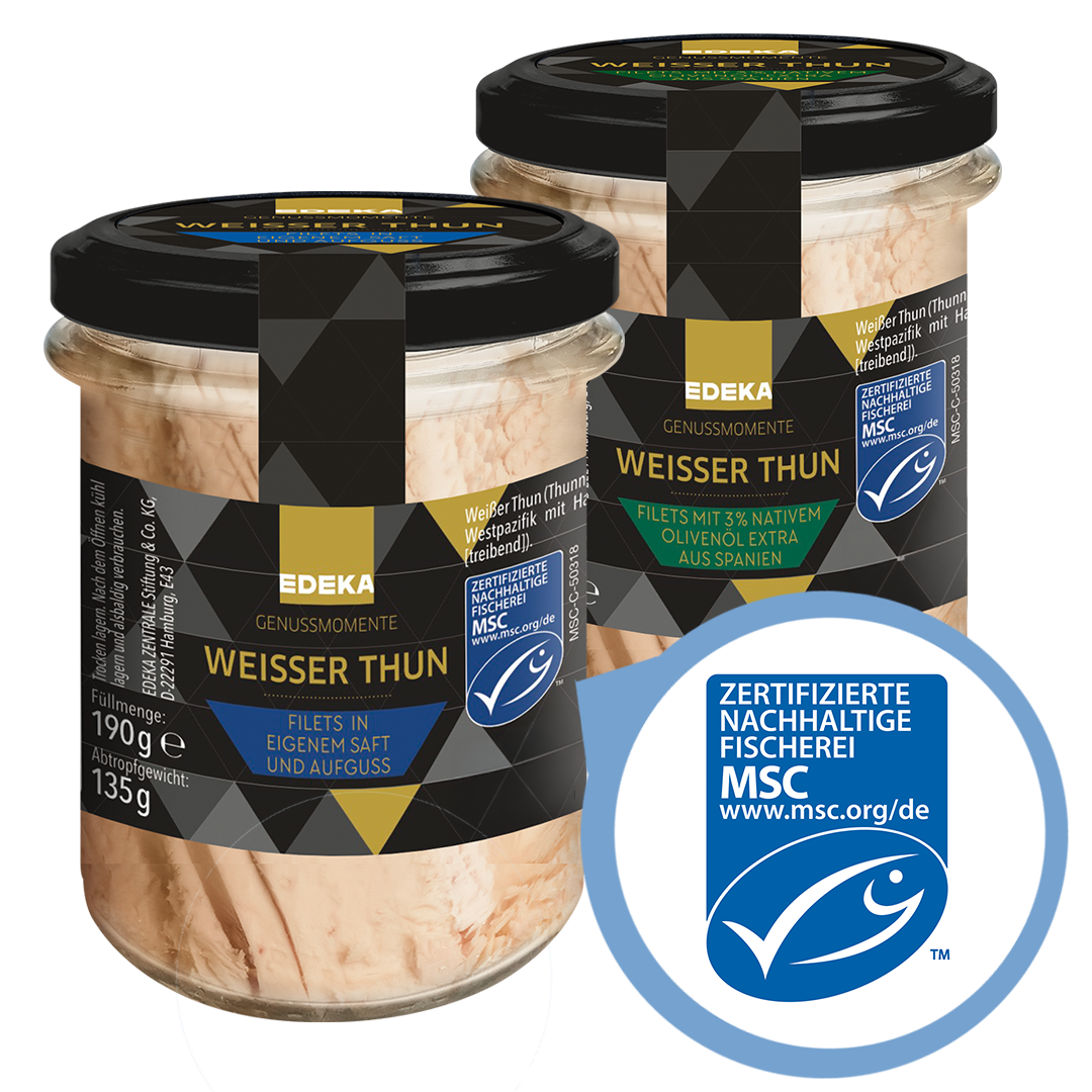Zwei EDEKA Produkte Weisser Thun im Glas mit Fokus auf das Logo der zertifizierten nachhaltigen Fischerei MSC