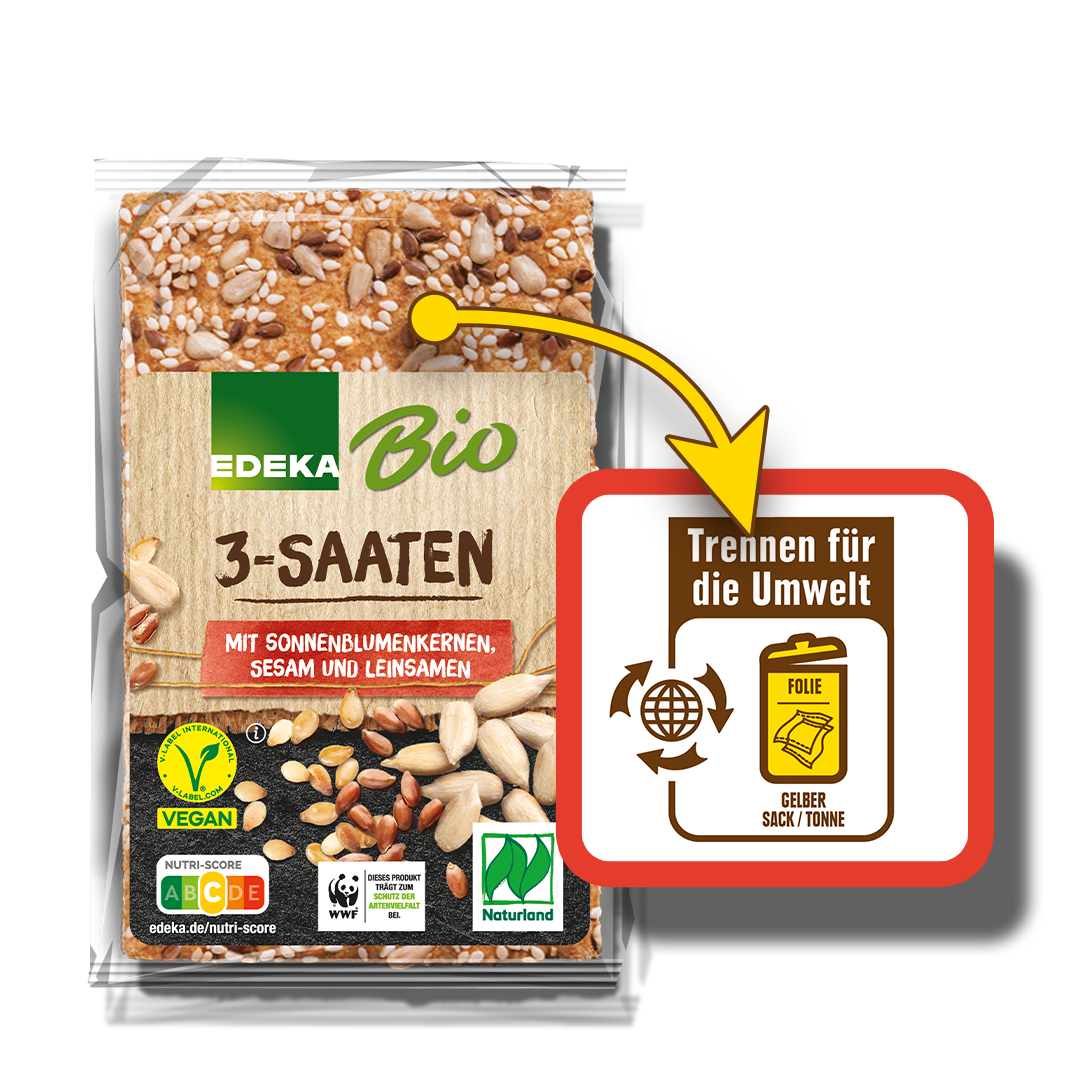 Eine Abbildung des EDEKA Bio Produkts 3-Saaten, die zeigt, wie das Produkt richtig getrennt wird