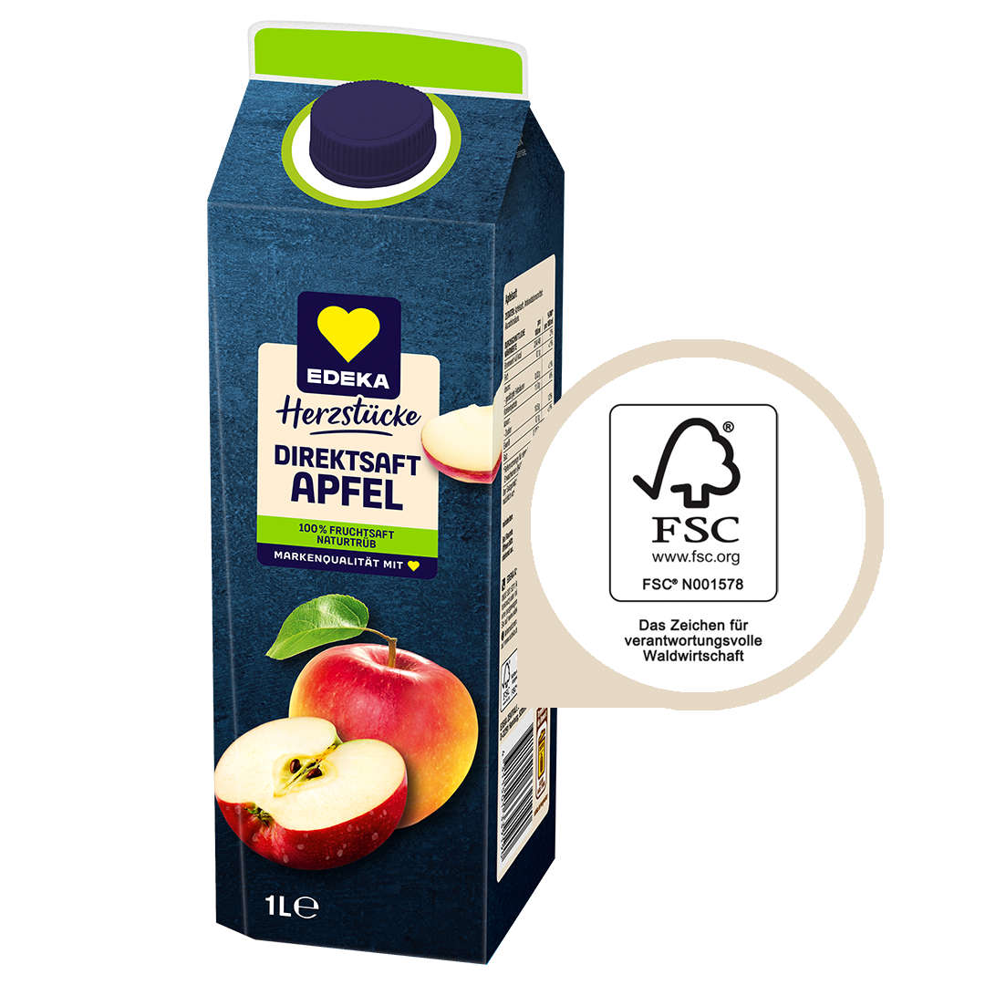 Der EDEKA Herzstücke Apfelsaft mit Fokus auf das Zeichen für verantwortungsvolle Waldwritschaft.