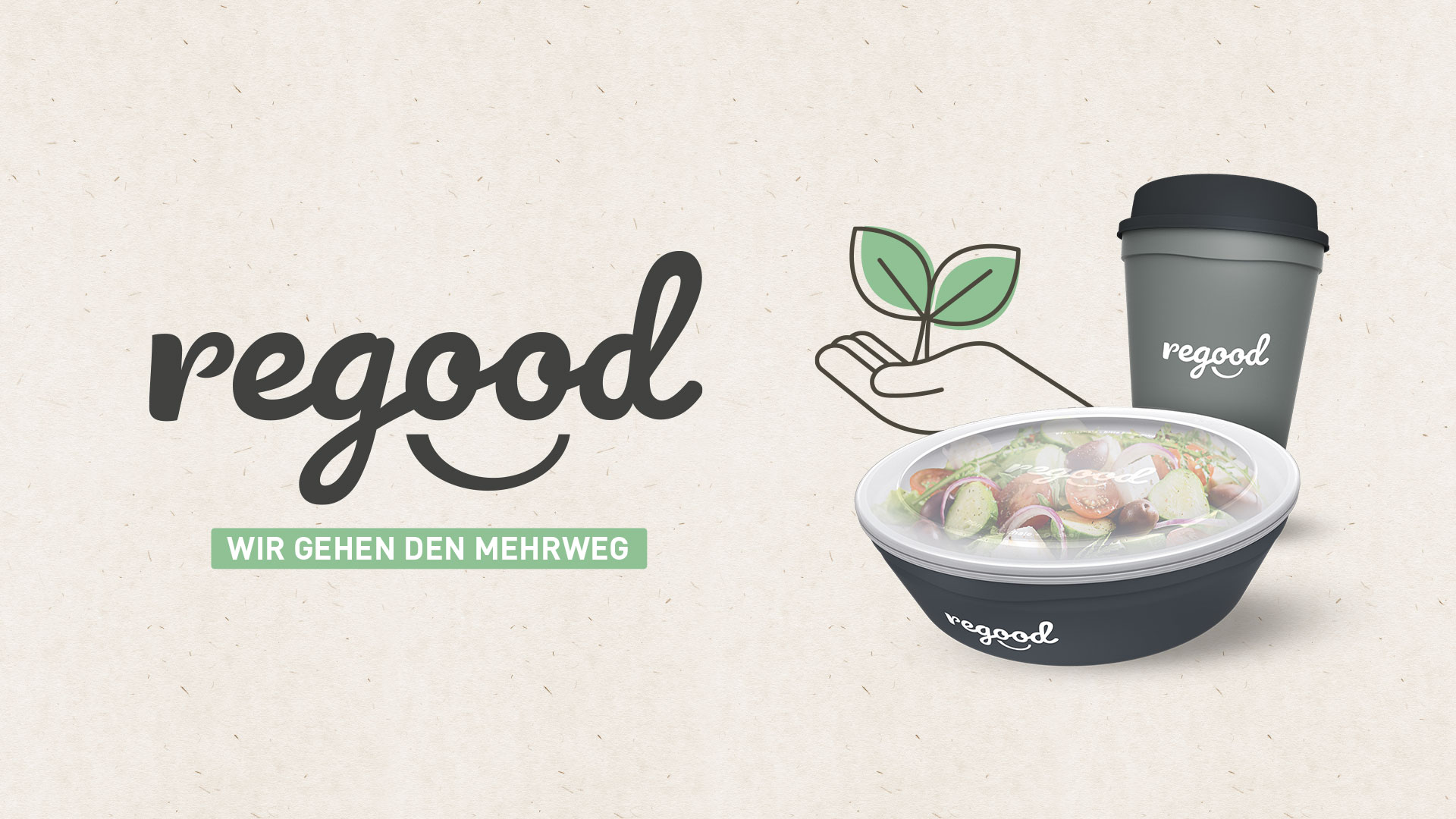 Das regood Logo und rechts daneben die regood Schüssel und der regood Becher,