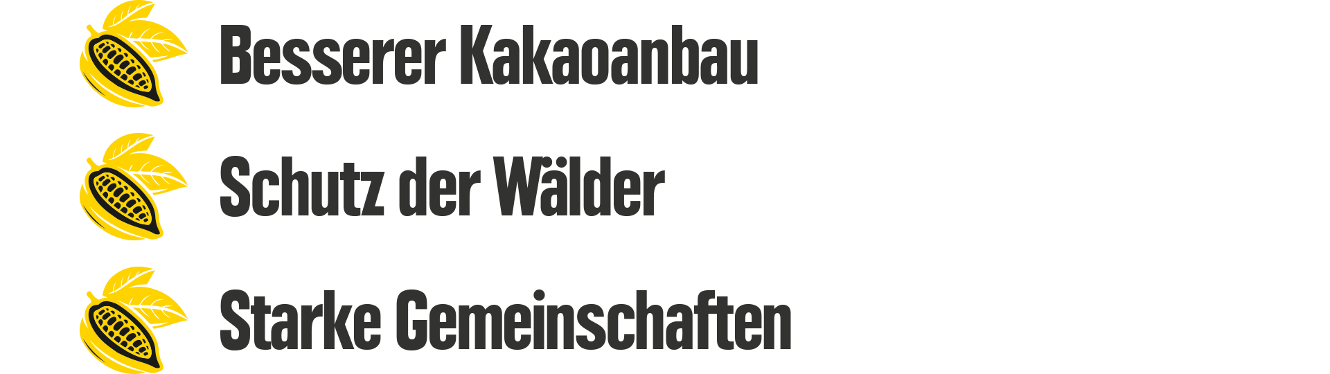 Auflistung der 3 Bulletpoints für nachhaltigen Kakaoanbau: 1. Besserer Kakaoanbau, 2. Schutz der Wälder, 3. Starke Gemeinschaft