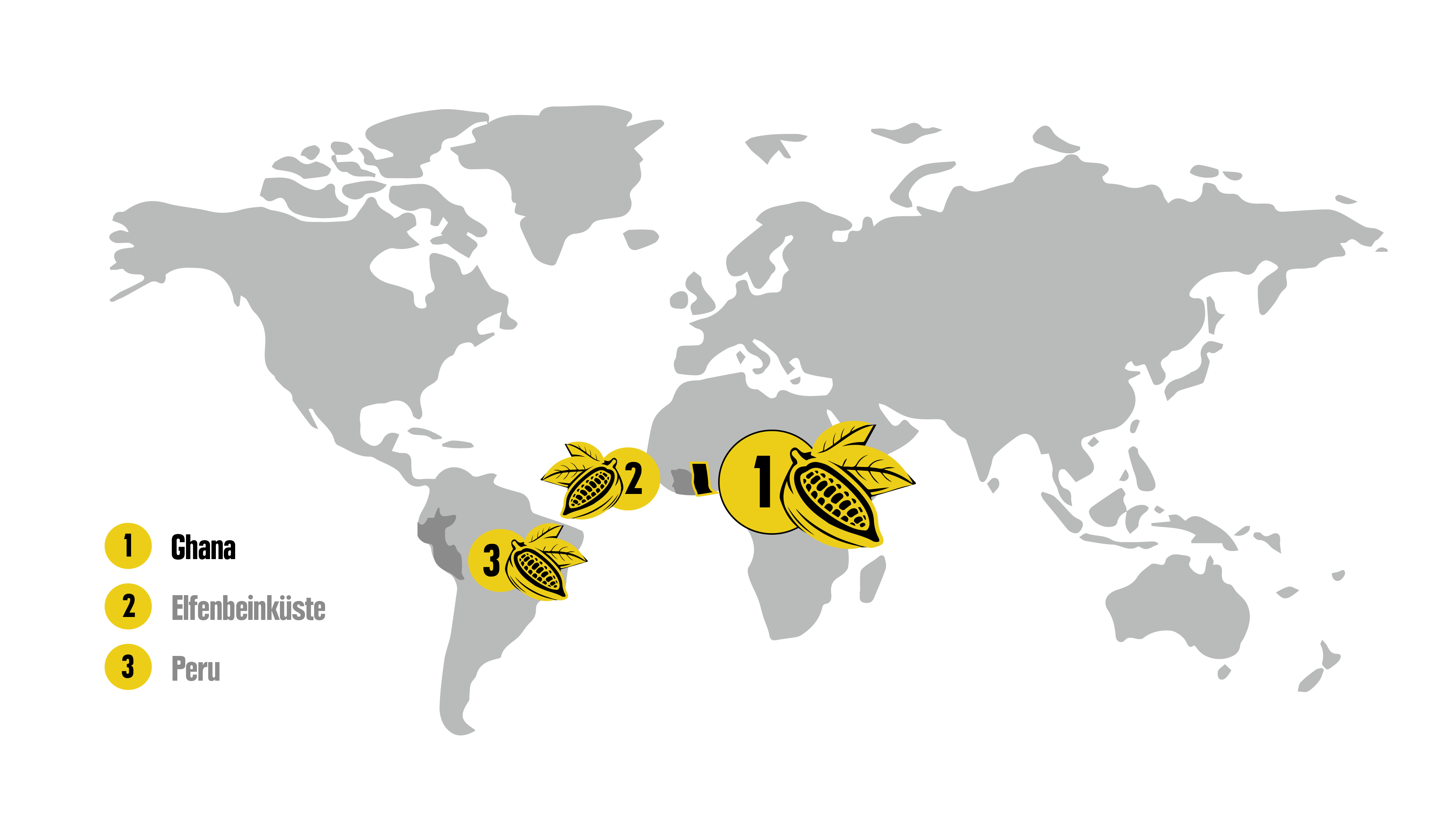Eine Weltkarte mit Nummerierungen und Kakaosymbolen auf den Ländern Ghana (1) und kleiner die Elfenbeinküste (2) und Peru (3)