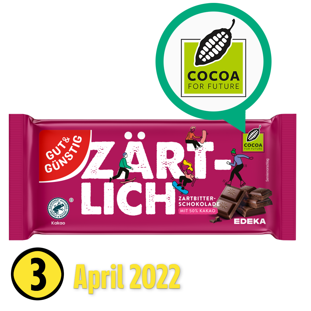 Die Gut&Günstig Zartbitter Schokolade mit Fokus auf das Cocoa for Future Symbol
