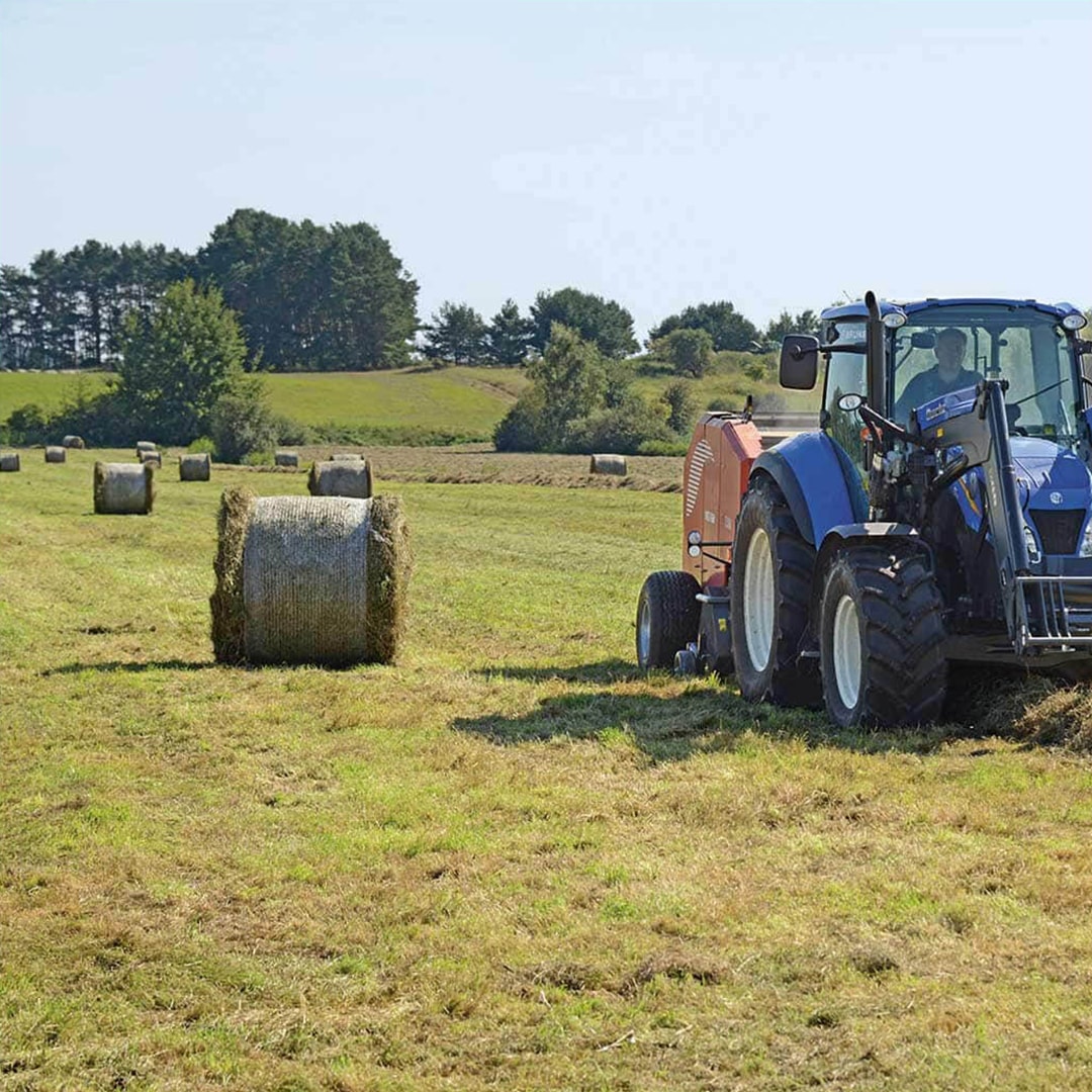 Ein blauer Traktor auf einer frisch gemähten Wiese