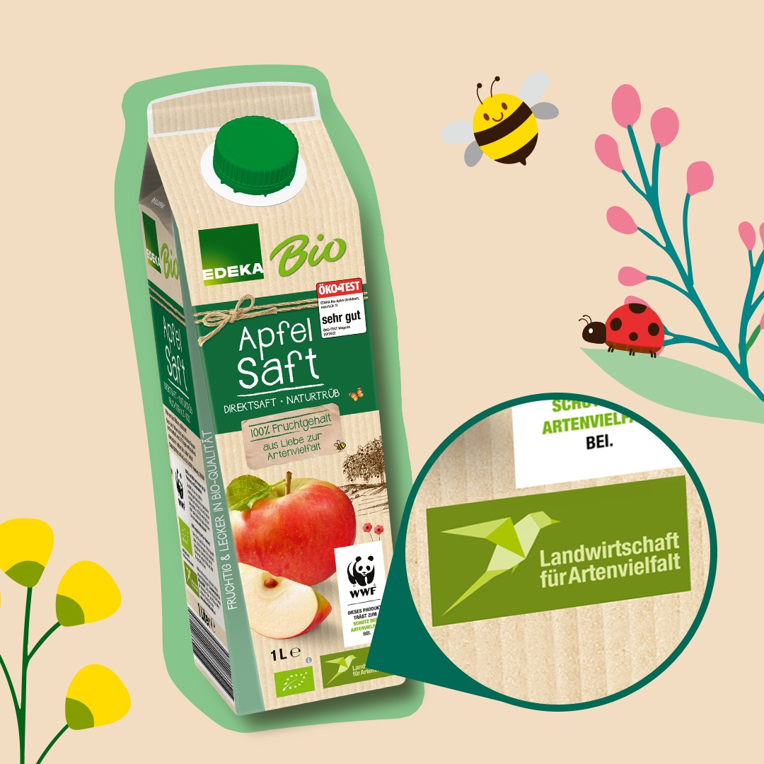 EDEKA Bio Apfelsaft mit dem Logo Landwirtschaft für Artenvielfalt