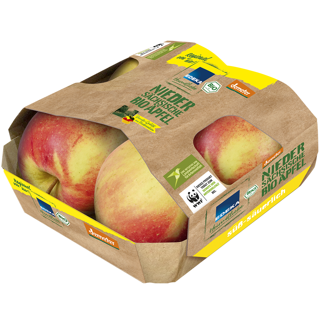 Eine Viererpackung mit EDEKA Heimatliebe Demeter Niedersächsische Bio Äpfel