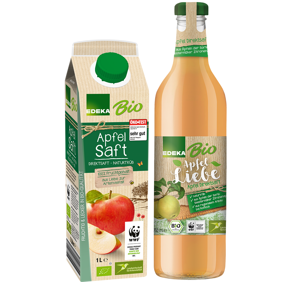 Eine Saftpackung und eine Glasflasche mit EDEKA Bio Apfel Direktsaft