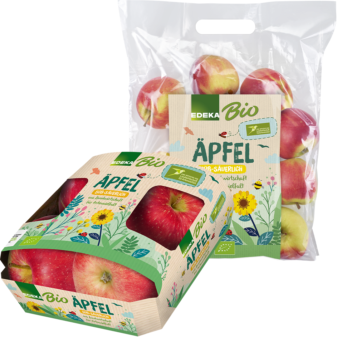 Ein Viererpack und eine Tüte mit EDEKA Bio Äpfeln