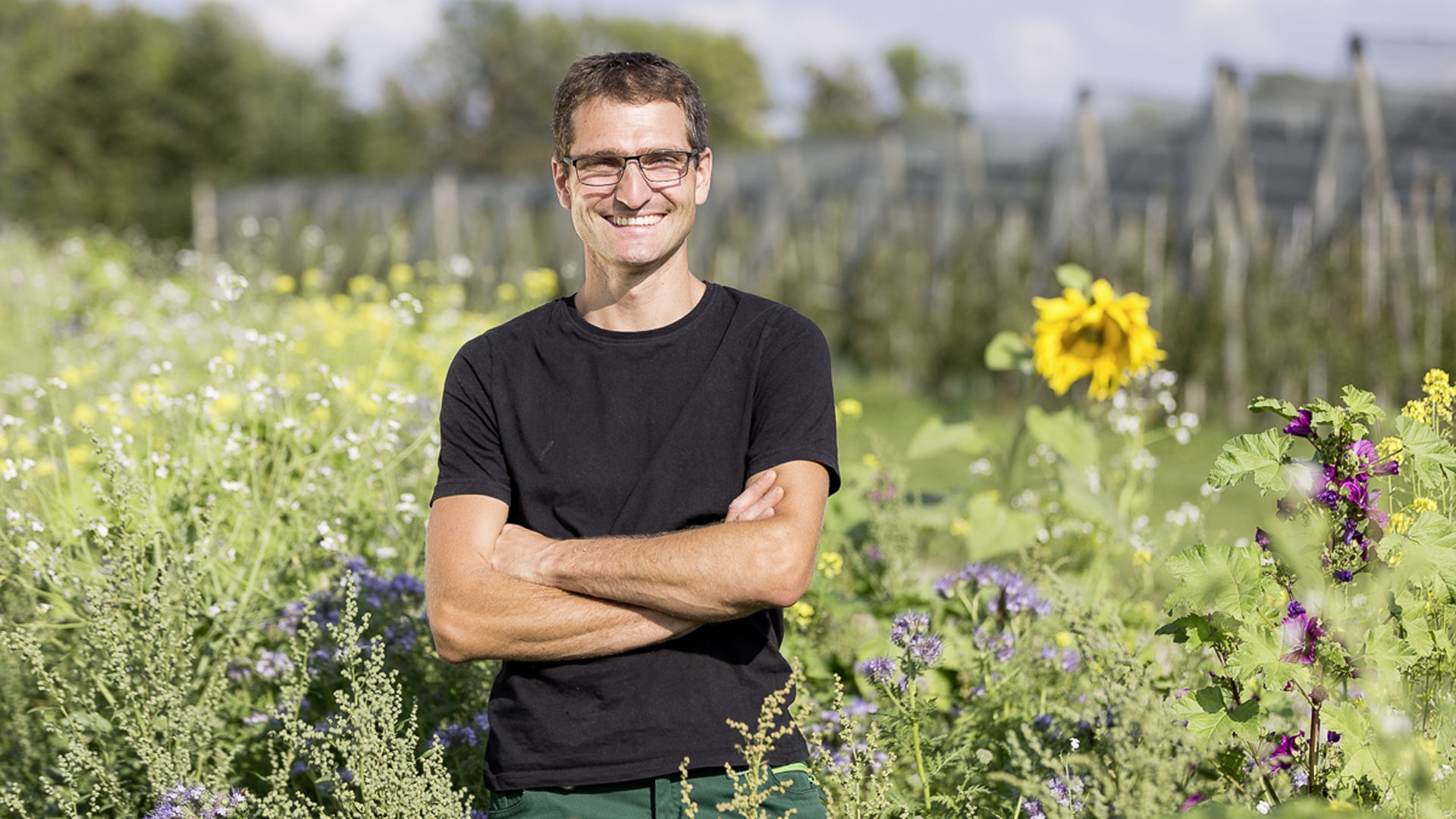 Der Eigentümer des Biohof Sailer Daniel Sailer in einem Blühstreifen