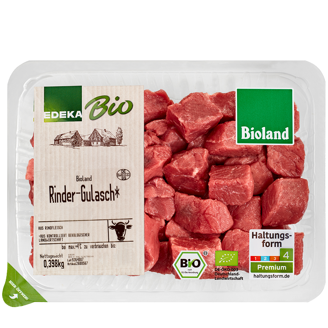 Eine Packung vom EDEKA Bio Bioland Rinder-Gulasch